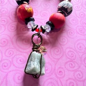 Artisan Charm Bracelet Aventurine and Hand Painted Wood Beads, Glass 0815 P
